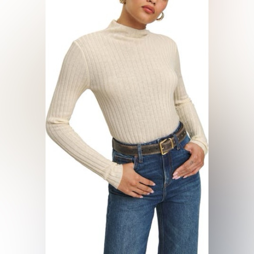 Reformation Cori Linen-Blend Ribbed Turtleneck Sweater, S